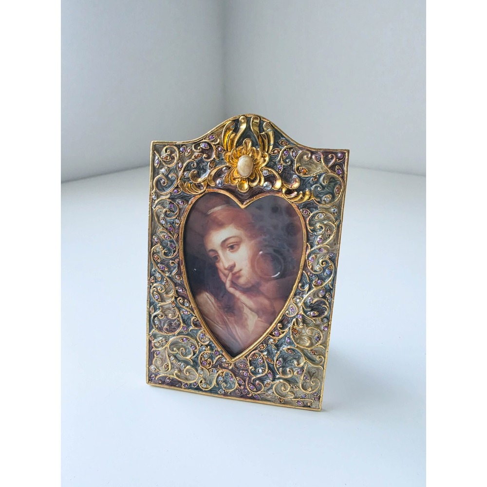 Vintage Ornate Victorian Style Heart Picture Frame Gold Enamel Rhinestone Pearl